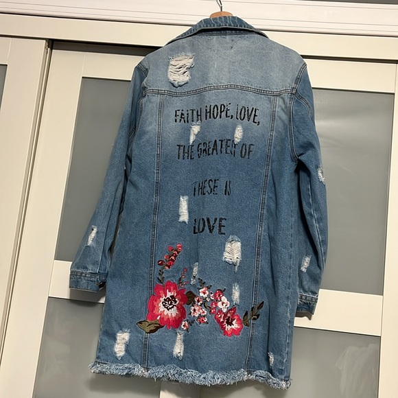 Haute Monde L.A designed distress long denim embroidery jacket sz L - Picture 7 of 9